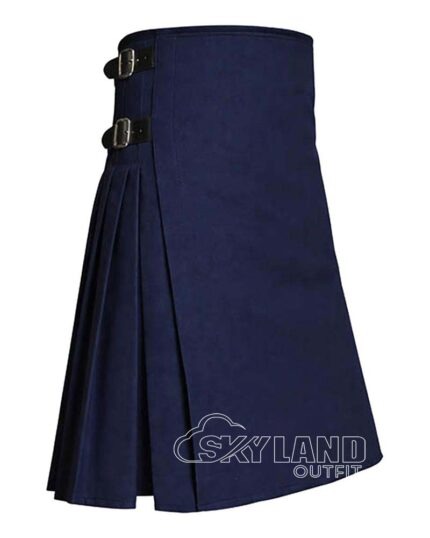 Navy blue wool 8-yard kilt front view—hand-pleated traditional construction in rich naval blue pure wool