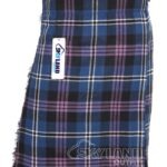 Pride of Scotland tartan 5-yard kilt front view—lightweight construction in blue, purple, green, white and black national Scottish pattern