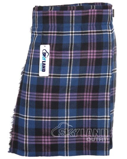 Pride of Scotland tartan 5-yard kilt front view—lightweight construction in blue, purple, green, white and black national Scottish pattern