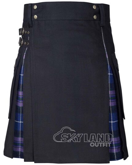 Man wearing Pride of Scotland tartan black cotton hybrid utility kilt