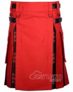 Black Stewart tartan hybrid utility kilt with red cotton body