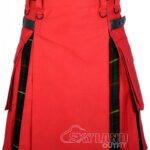 Hunting Stewart tartan hybrid utility kilt with red cotton body