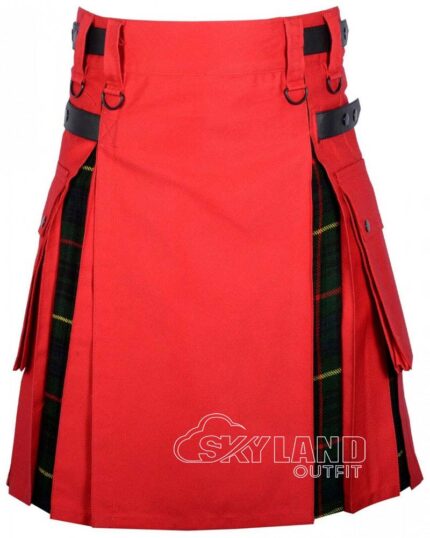 Hunting Stewart tartan hybrid utility kilt with red cotton body