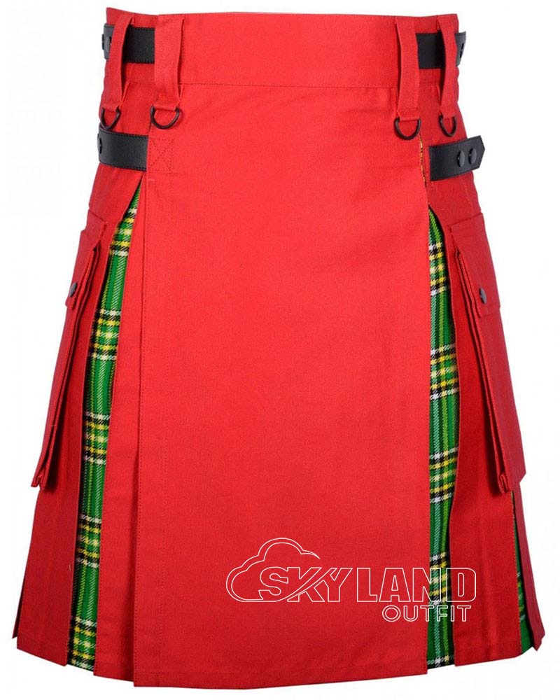 Irish tartan hybrid utility kilt with red cotton body
