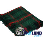 Ross Hunting Modern tartan kilt fly plaid with free Celtic brooch, bold green and blue modern hunting pattern representing clan Ross Highland heritage