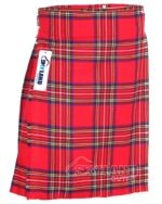 Royal Stewart tartan 5-yard kilt front view—lightweight construction in bold red with green, blue, yellow, black and white overchecks