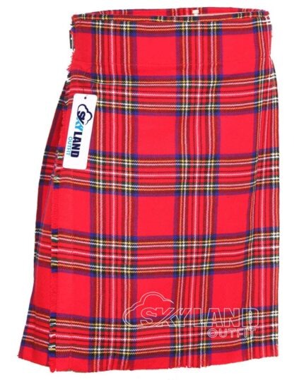 Royal Stewart tartan 5-yard kilt front view—lightweight construction in bold red with green, blue, yellow, black and white overchecks