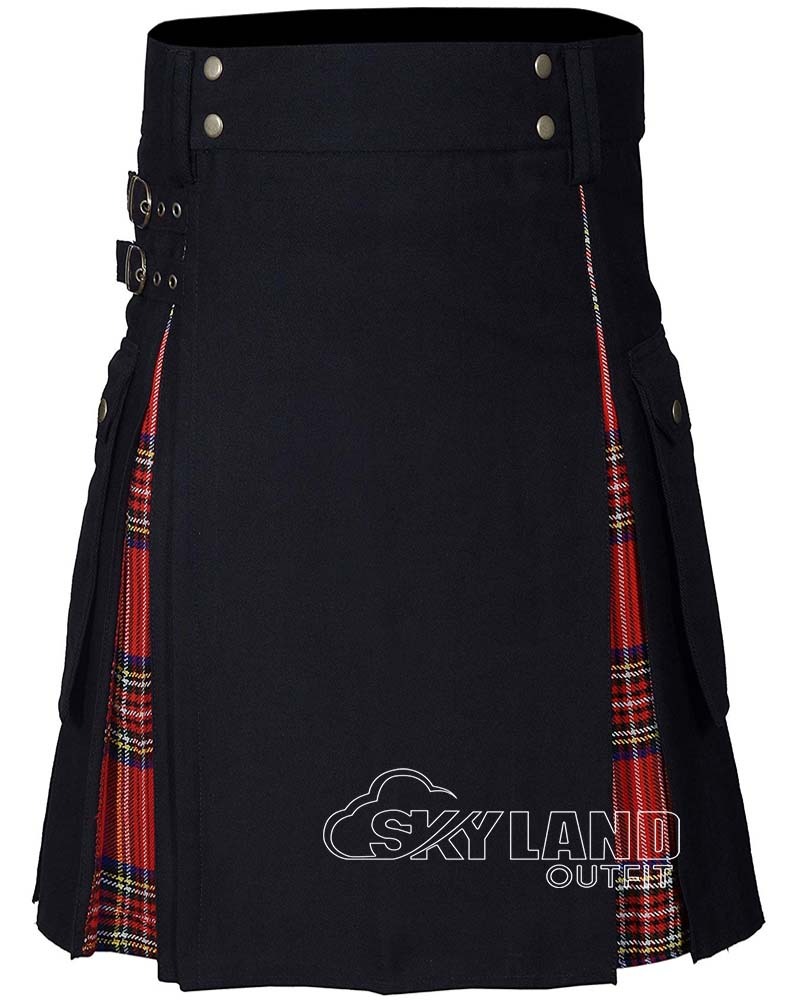 Man in Royal Stewart tartan black cotton hybrid utility kilt