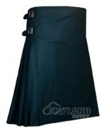 Solid blue wool 8-yard kilt front view—hand-pleated traditional construction in clean, even blue pure wool without tartan pattern