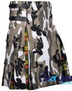 jungle grey camo hybrid utility kilt front view, Buchanan tartan kilt back pleats, grey camo and tartan hybrid kilt, adjustable strap grey camo kilt, cotton hybrid utility kilt for men,