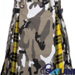 jungle camo hybrid utility kilt front view, MacLeod of Lewis tartan pleated kilt back, hybrid utility kilt cargo pockets, adjustable strap jungle camo kilt, cotton hybrid kilt for men.