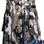 jungle grey camo hybrid utility kilt front view, Ramsey Blue tartan kilt back pleats, grey camo and tartan hybrid kilt, adjustable strap grey camo kilt, cotton hybrid utility kilt for men,
