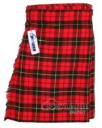 Wallace tartan 5-yard kilt front view—lightweight construction in bold red with black and yellow overchecks honoring Sir William Wallace