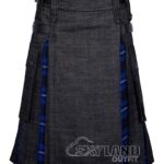 Black denim American Patriot tartan hybrid utility kilt with cargo pockets and leather straps for patriotic casual wear