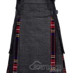 Black denim Black Stewart tartan hybrid utility kilt