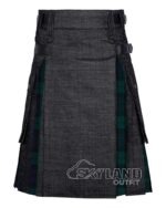 Black denim Black Watch tartan hybrid utility kilt