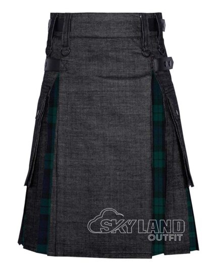 Black denim Black Watch tartan hybrid utility kilt