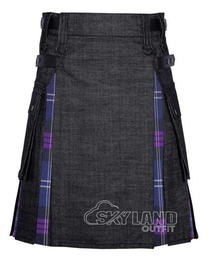 Heritage of Scotland tartan hybrid utility kilt with black denim body