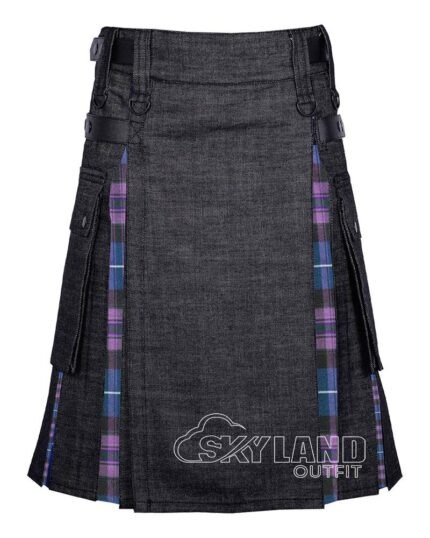 Pride of Scotland tartan hybrid utility kilt with black denim body
