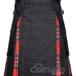 Man in Royal Stewart tartan black denim hybrid utility kilt