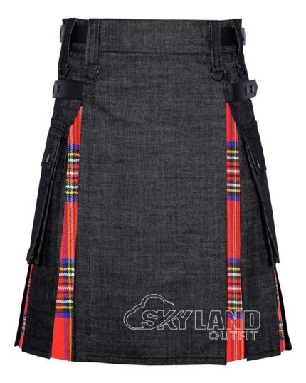 Man in Royal Stewart tartan black denim hybrid utility kilt