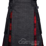 Man in Scottish Rose tartan black denim hybrid utility kilt