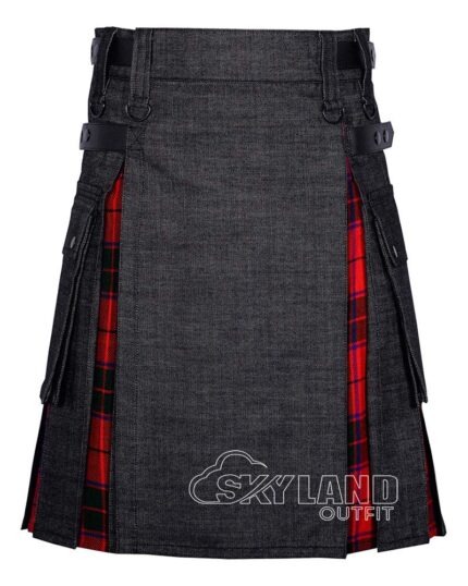 Man in Scottish Rose tartan black denim hybrid utility kilt