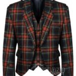 Black Stewart tartan Argyle jacket with red-black base and silver buttons on traditional Scottish kilt jacket