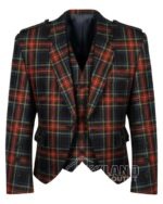 Black Stewart tartan Argyle jacket with red-black base and silver buttons on traditional Scottish kilt jacket