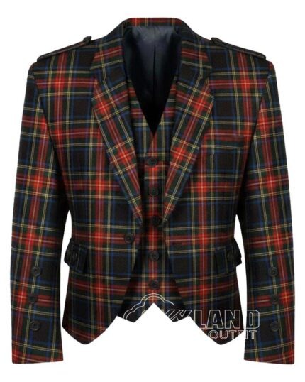 Black Stewart tartan Argyle jacket with red-black base and silver buttons on traditional Scottish kilt jacket