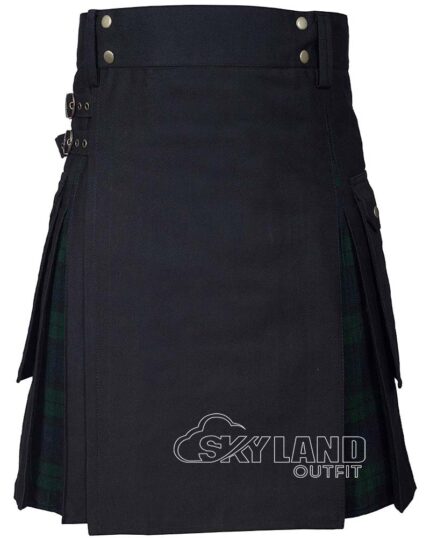 Black Watch tartan hybrid utility kilt with black cotton body