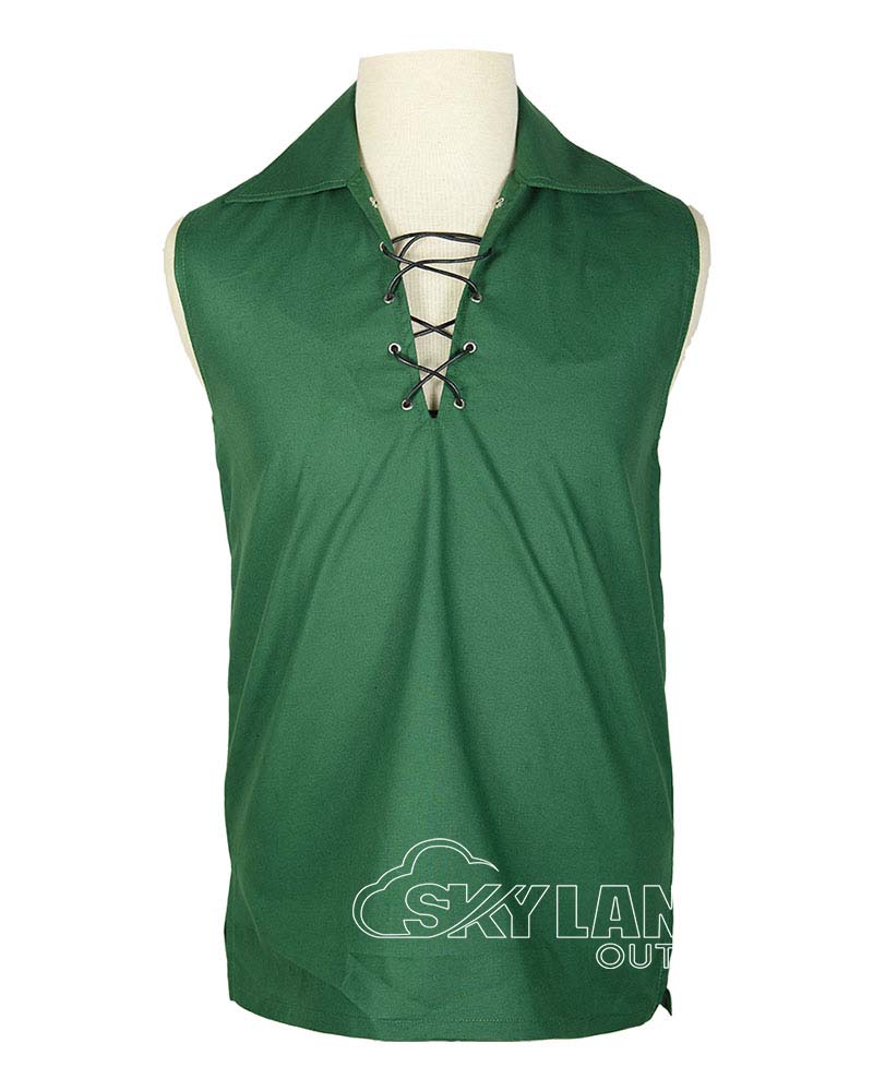 sleeveless-green-cotton-ghillie-shirt-front Green Jacobite ghillie kilt shirt sleeveless polycotton Jacobean style