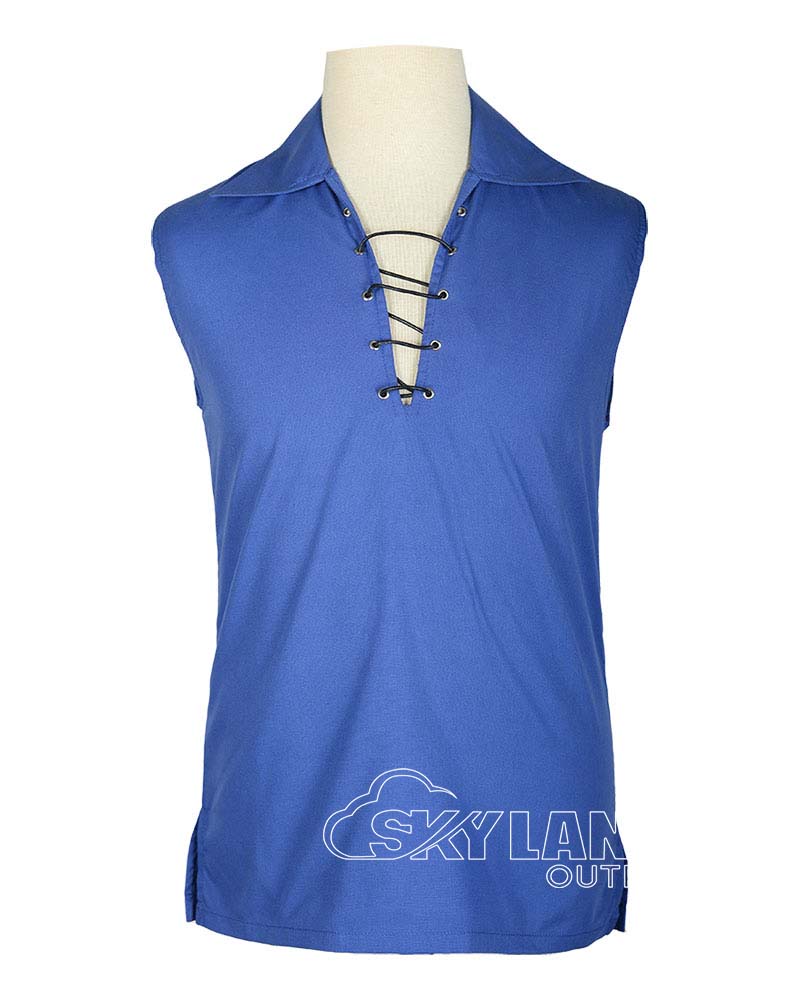 sleeveless-royal-blue-cotton-ghillie-shirt-front Royal blue Jacobite ghillie kilt shirt sleeveless polycotton Jacobean style